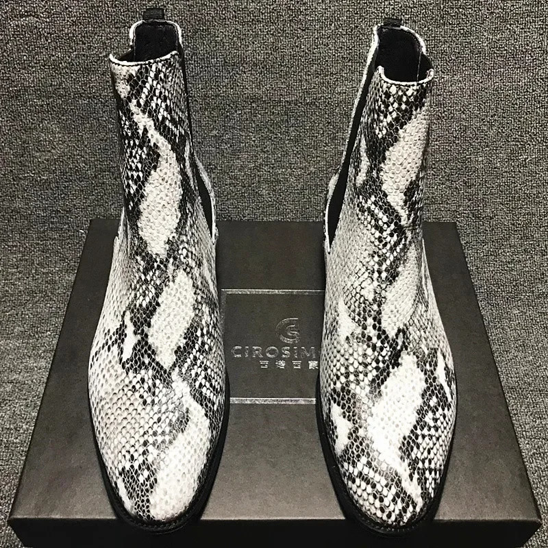 Pointy Toe Boots For Men Snake Print Chelsea Boots Men Fashion Men Shoes Leather 14#21/10d50 240619