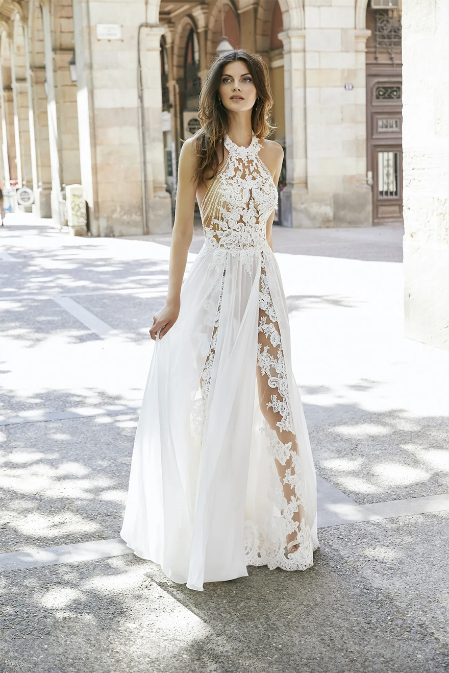 Sexy Backless Beach Wedding Dress Halter Neck Sleeveless Lace And Chiffon Long Bridal Gowns Summer Bohemian Illusion Vestido De Novia For Bride Women