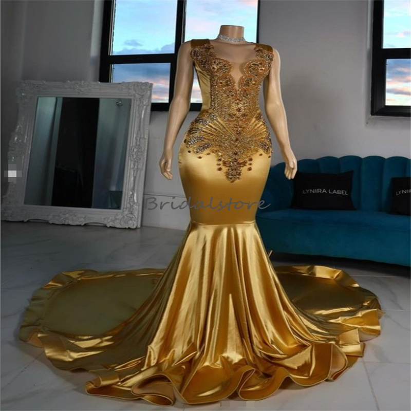 African Nigeria Gold Prom Dresses For Black Girls Elegant Diamond Beaded Crystal Mermaid Evening Dress Birthday Formal Party Dress Luxury Special Occa