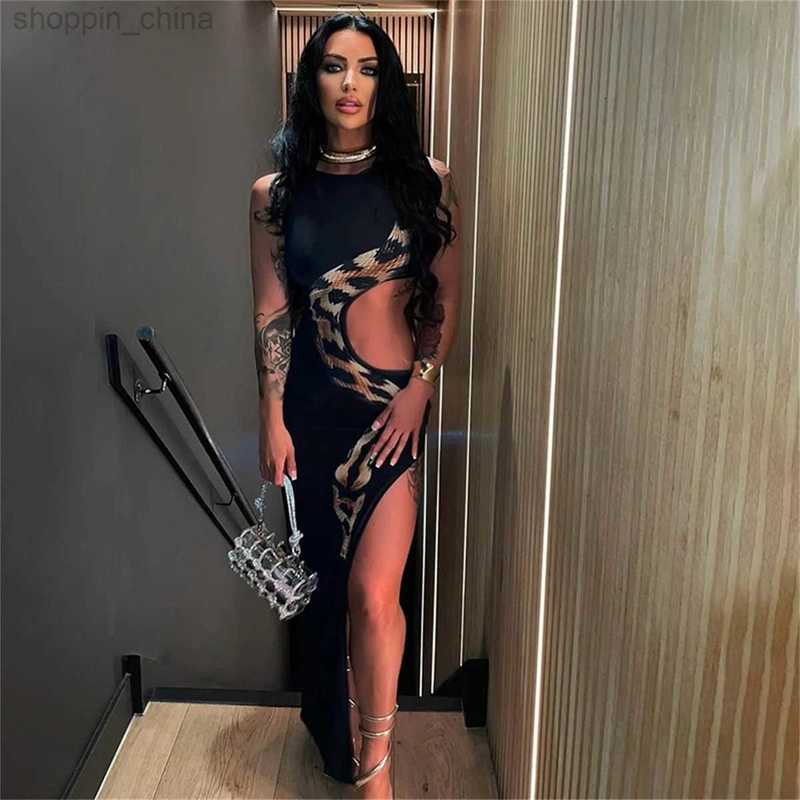 Basic Casual Dresses Black Printed Hollow Out Long Dress Women's Sexy O Neck Sleeveless High Split Slim Robes Lady Party Night Gowns