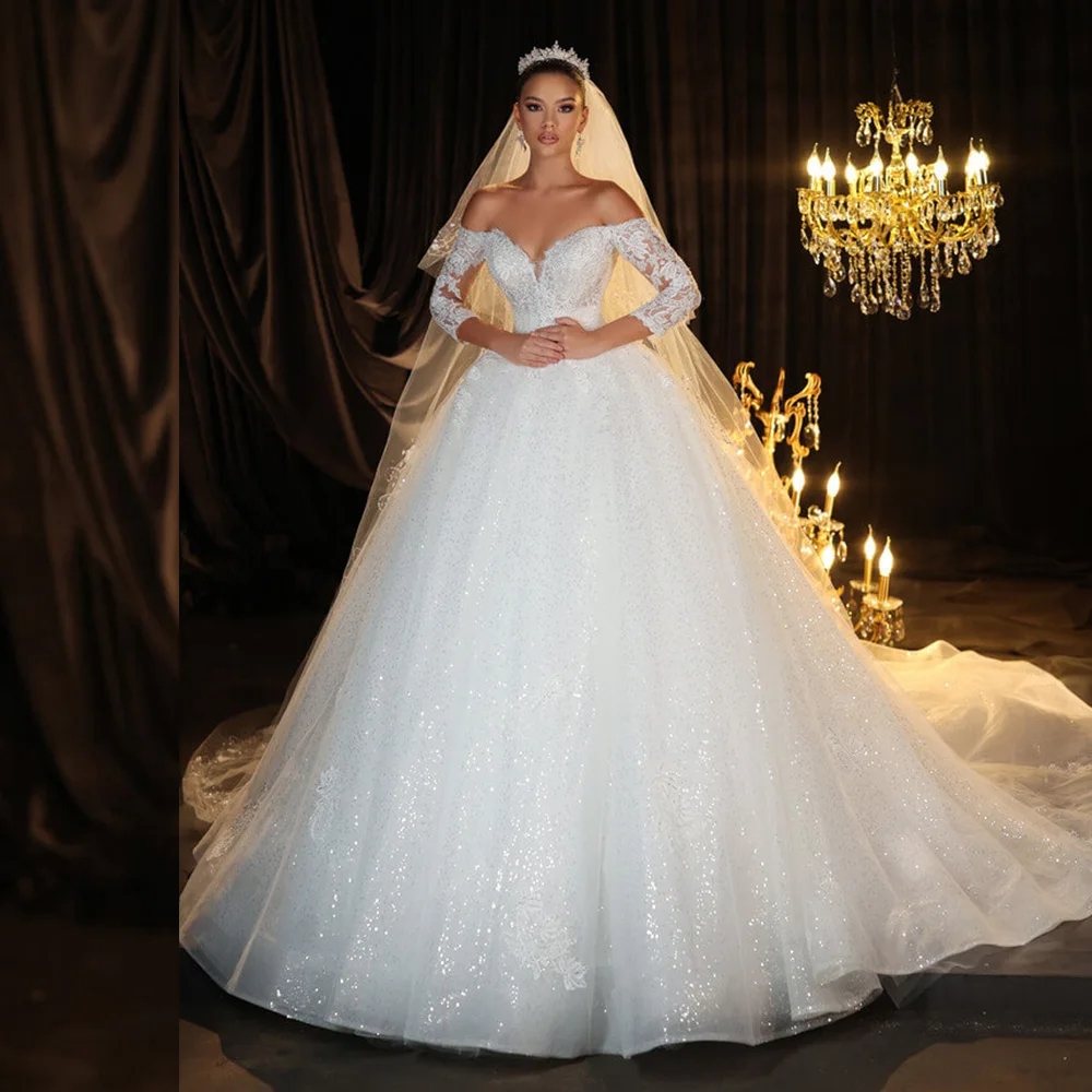 2025 New Shining A-Line Wedding Dress Three Quarter Sleeves Lace Beads Sequins Brides Gowns for Women Vestidos De Novia Customed Made