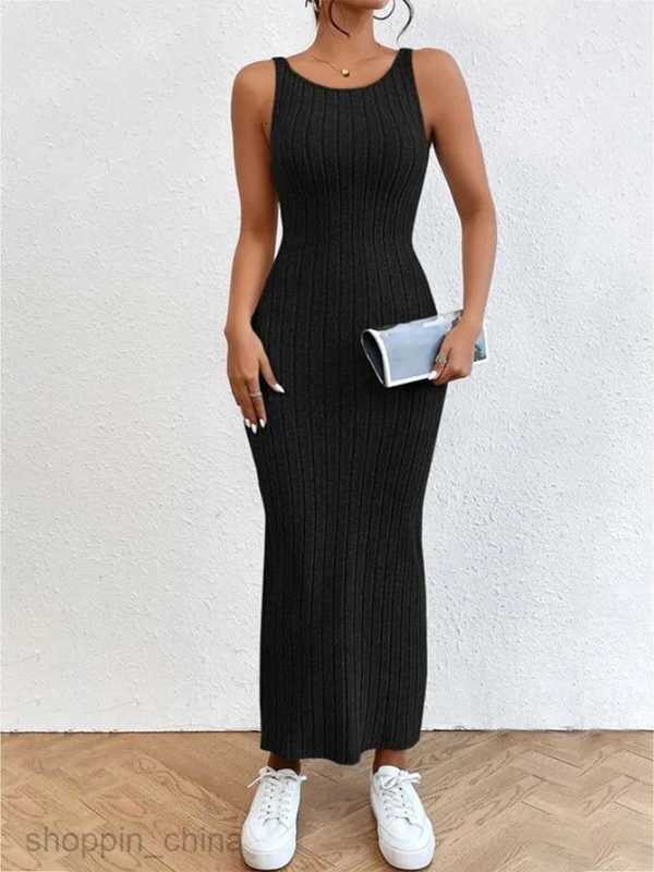 Basic Casual Dresses Backless Knit Bodycon Long Dress Women's Summer Sleeveless O Neck Tank Dress Street Vacation Beach Casual Sundress