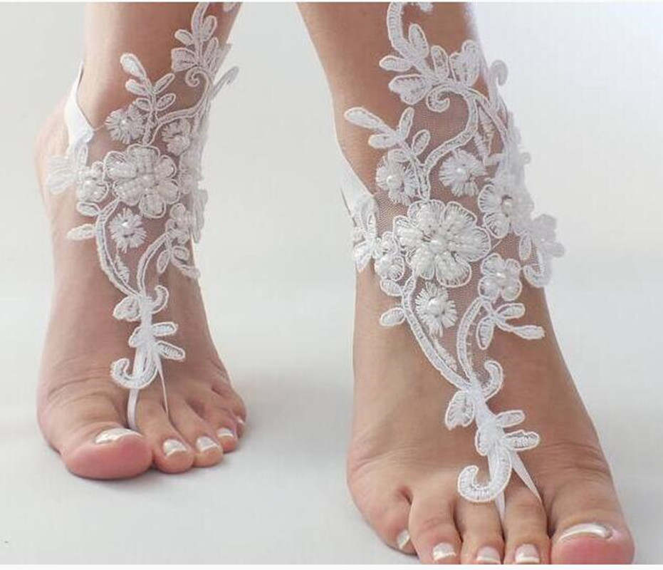 1 Pair Women Lady Bridal Beach Foot Jewelry Chain Wedding Anklets Lace Decor Barefoot Chain Sandals Shoes Accessories