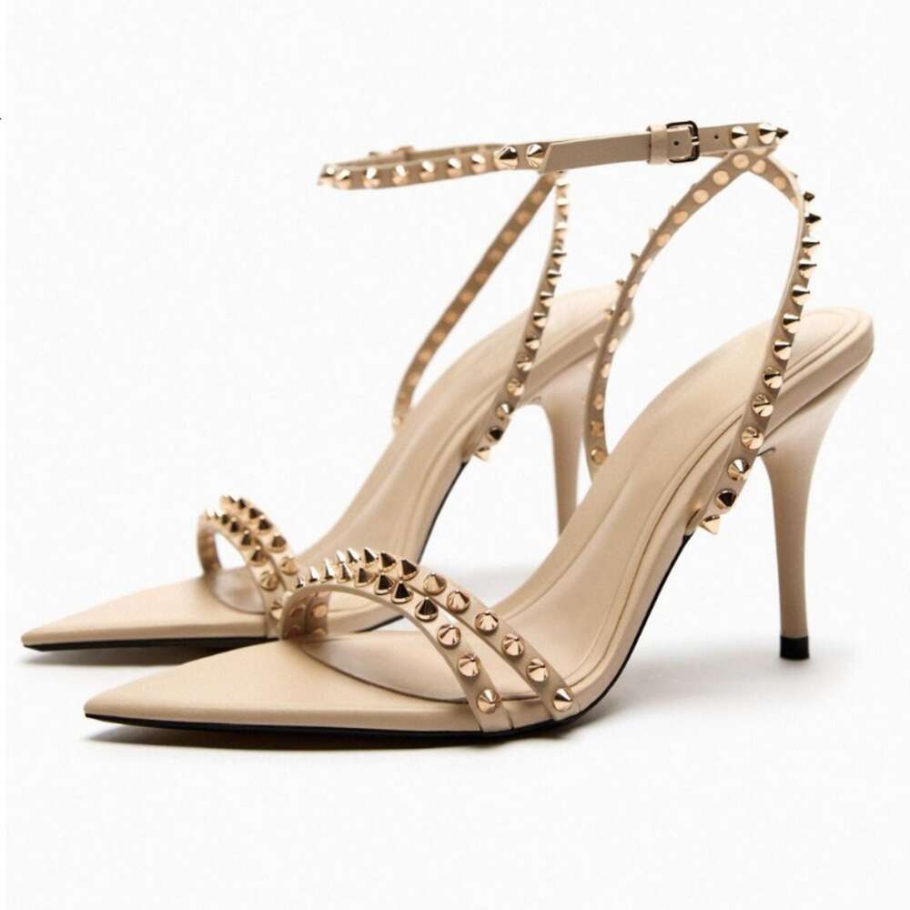 European And American Summer Versatile Slim High Heeled Pointed Shoes, Women's Fashionable Rivet Cross Buckle Sandals