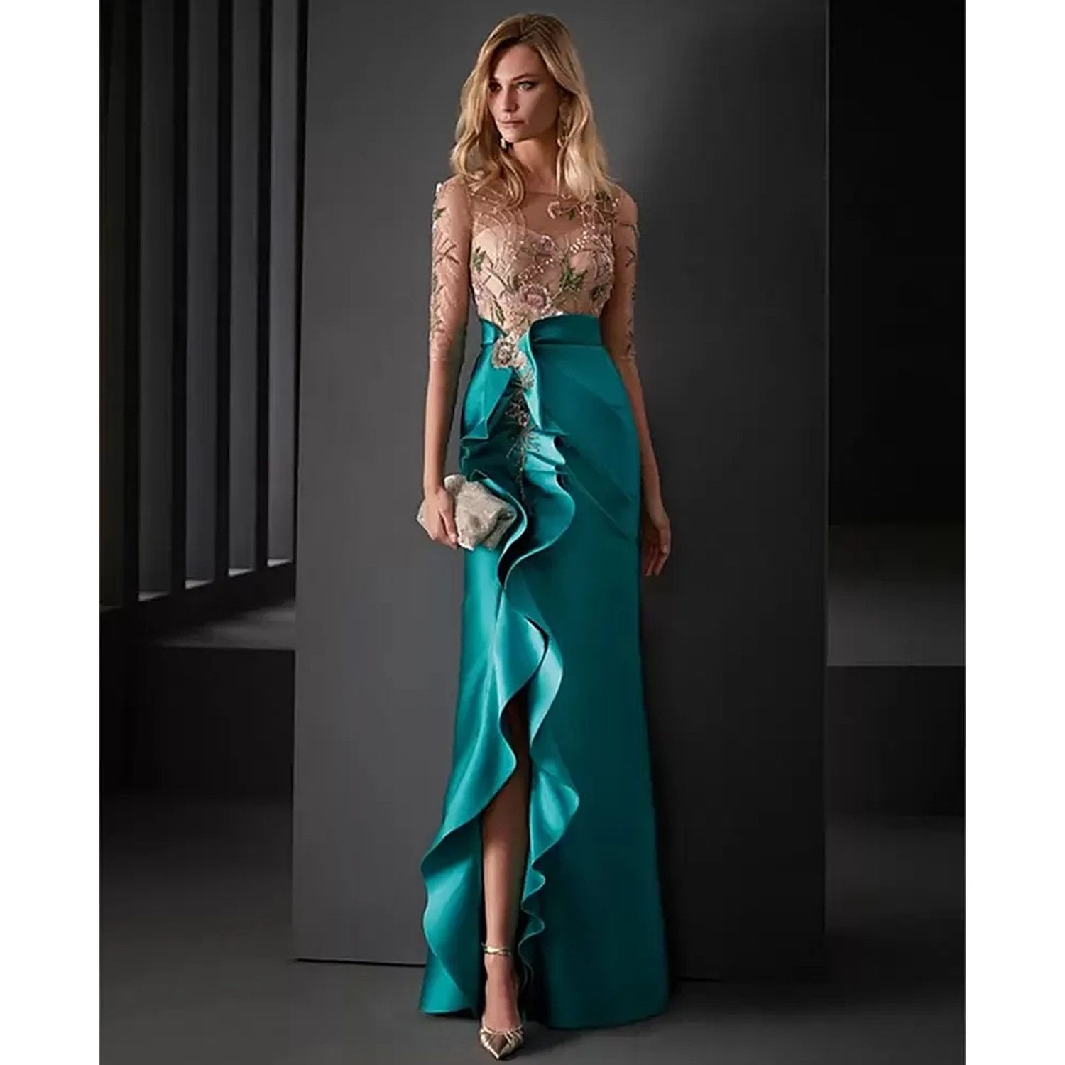 Ruffle Slit Long Mother Of The Bride Dresses Half Sleeves Lace Applique Beaded Teal Satin Guest Wedding Party Gowns Godmother Groom Mom Prom Evening G