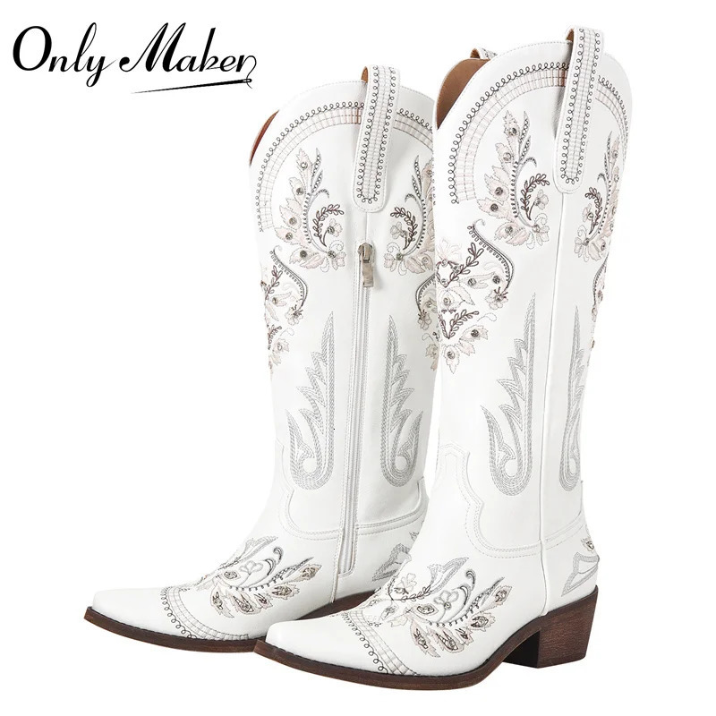 Onlymaker Women Embroidered White Western Cowboy Boots Block Heel Pull-On Pointed Toe Crystal Cowgirl Booties 240619
