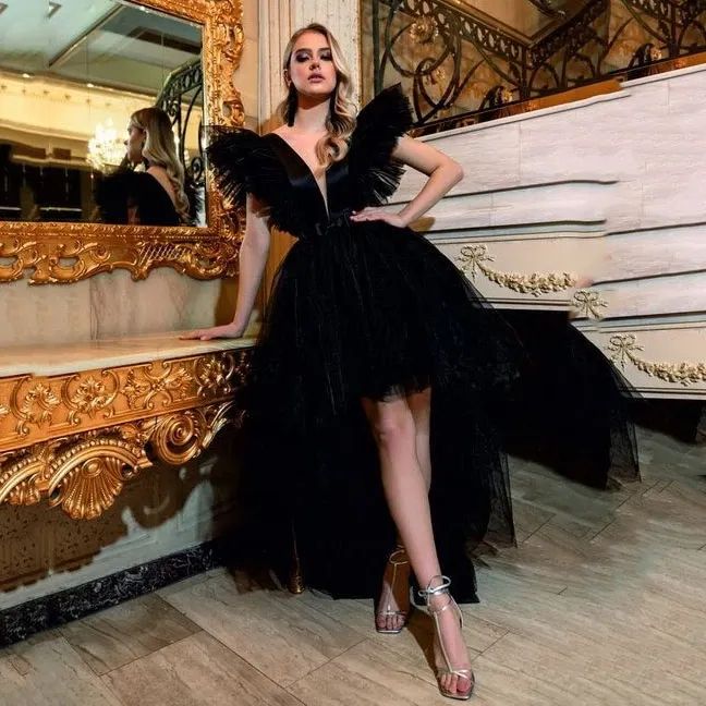 High Low Tulle A-Line Prom Dresses Short Front Long Back Pleats Special Occasion Gown V-Neck Empire Waist Evening Dress 2024 Birthday Homecoming Gradu