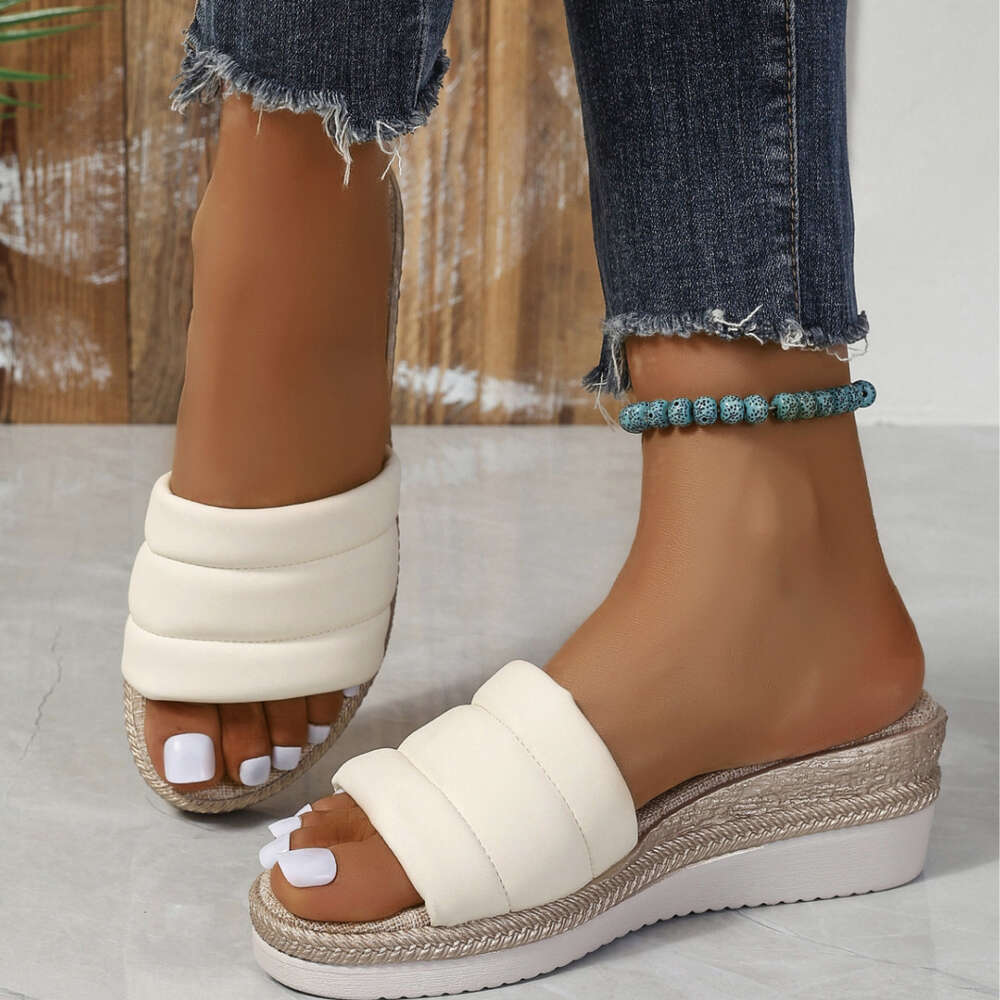 Summer Large Size New Women S Minimalist Solid Color Instagram Style Slope Sole Sandals One Line Sandals Ddmysaturn