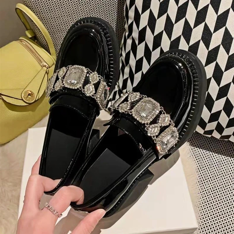 Rhinestone Platform Mary Jane Shoes Women Pumps Black Thick Bottom Loafers JK Uniforms Fashion Crystal Chunky Loafers Female 240619