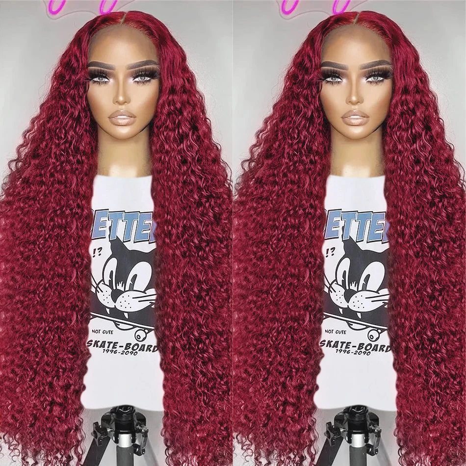 13x4 HD Brazilian 99J Bury Deep Wave Front Human Hair 250 Density Curly 30 40 Inch Synthetic Lace Frontal Wig Red Wine for Women