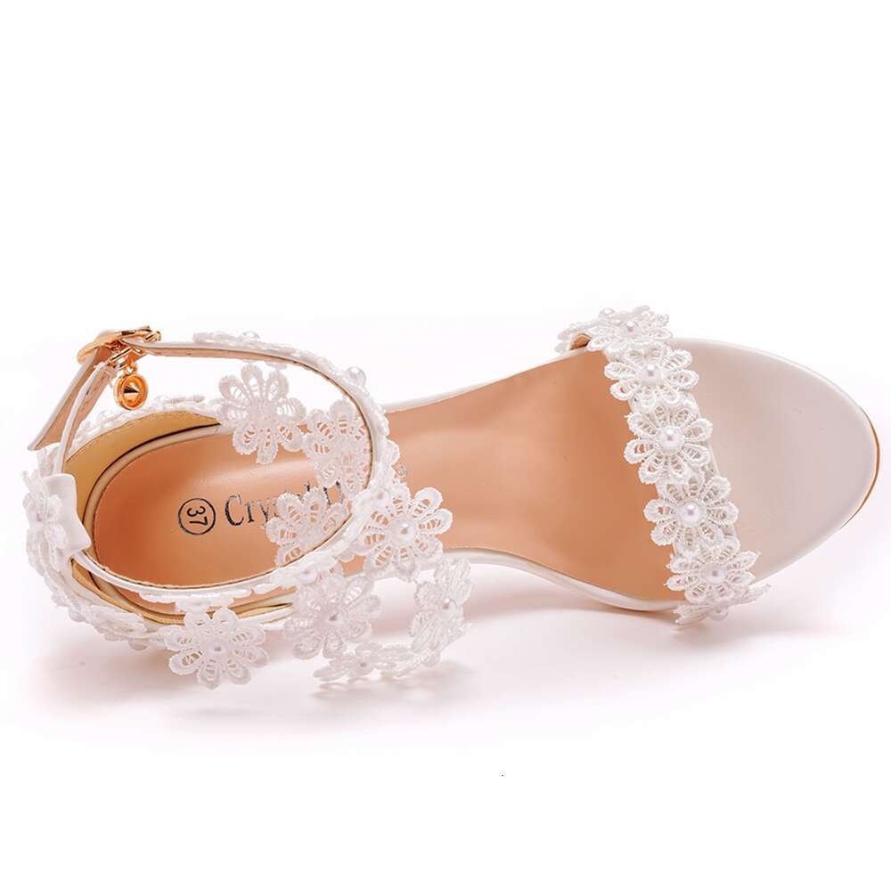 Crystal Queen Women Ankle Strap Sandals White Lace Flowers Pearl Tassel Super Stiletto High Heels Slender Bridal Wedding Shoes