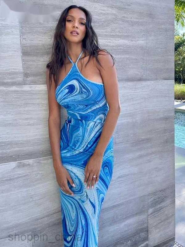 Casual Dresses Hugcitar Spring Tie Dye Halter Sleeveless Backless Bandage Slit Sexy Elegant Maxi Dress Women Clothes Beach Vacation Party