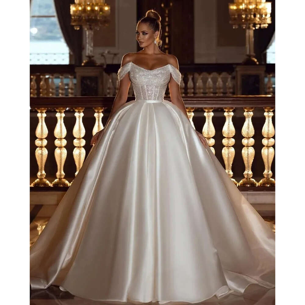 Sparkly Sequins Ball Gown Wedding Dresses With Detachable Satin Train Elegant Off-The-Shoulder Dubai Arabic Modern Bridal Gowns Robe De Soriee Bc12054