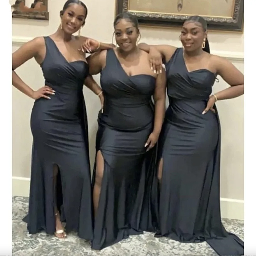 Black Bridesmaid Dresses Sexy Mermaid One Shoulder Sleeveless Wedding Guest Dress Side Slit African Girls Plus Size Party Bridesmaids Gowns