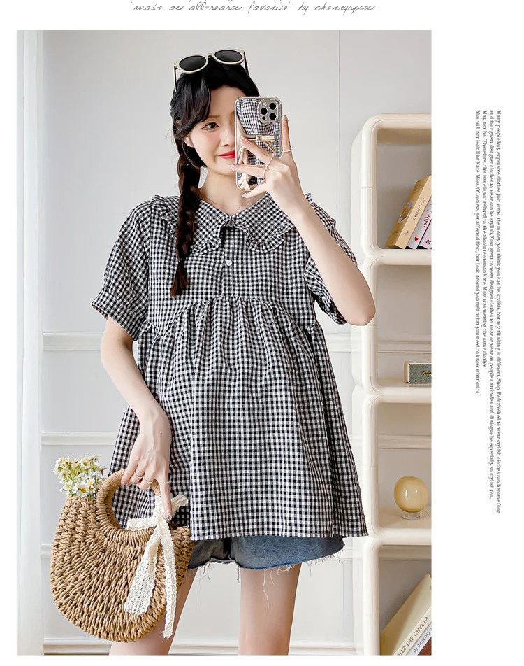 Sweet Pregnant Woman Summer Fashion Top Black White Plaid Shirts Short Sleeve Peter Pan Collar High Waist Maternity Blouses Cute 240629