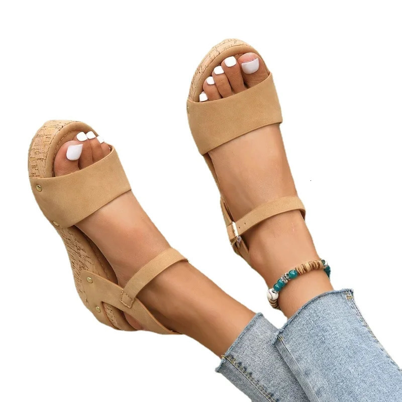 Mid Heel Buckle Strap Sandals Solid Casual 2024 Ladies Shoes Shallow Wedges Womens Sandals Sandalias De Mujer 240619