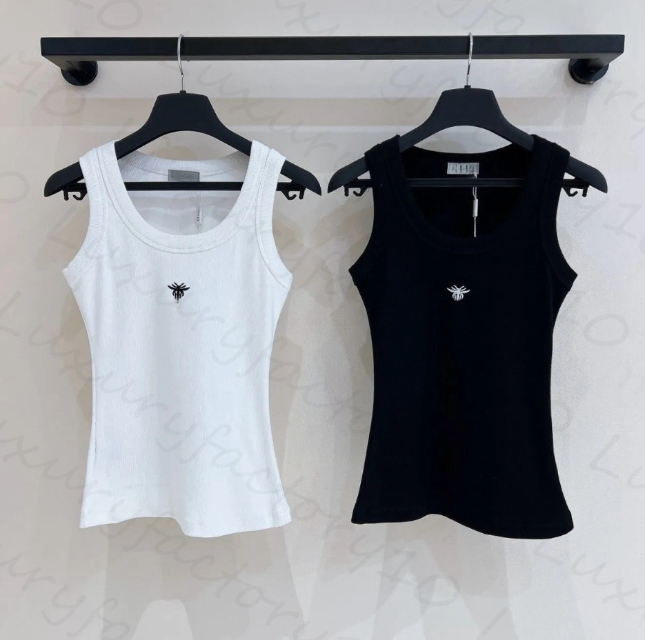 Summer Tank Top T-shirts Women Simple Embroidered Bee pattern Letters All-matching Slim Fit Cotton Vest 2 Colors