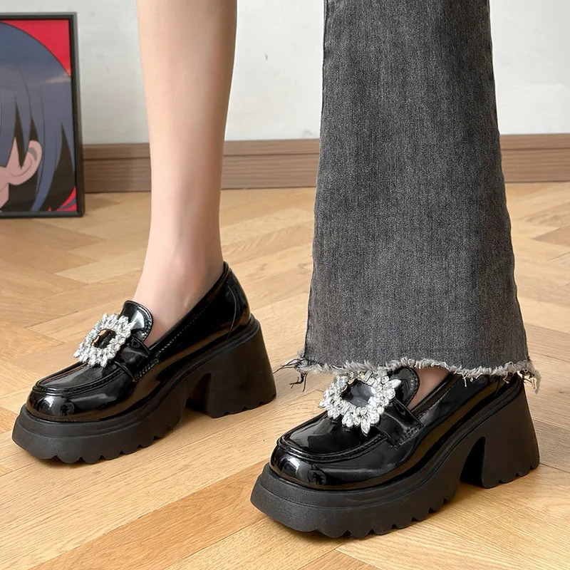 rhinestone Chunky Loafers Women Platform shoes mary janes Casual Leather Slip On Ladies shoes beige Fashion Spring College style 240619