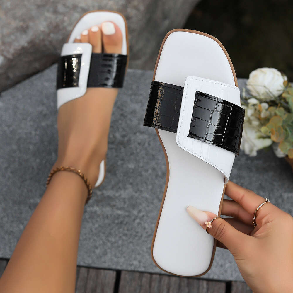 New Large Summer Fashion One Word Leather Button Beach Slippers Ddmysaturn