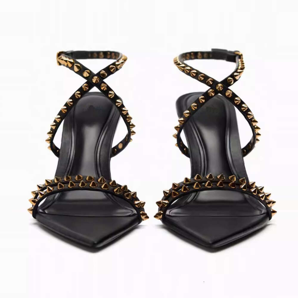 European And American Summer Versatile Slim High Heeled Pointed Shoes, Women's Fashionable Rivet Cross Buckle Sandals