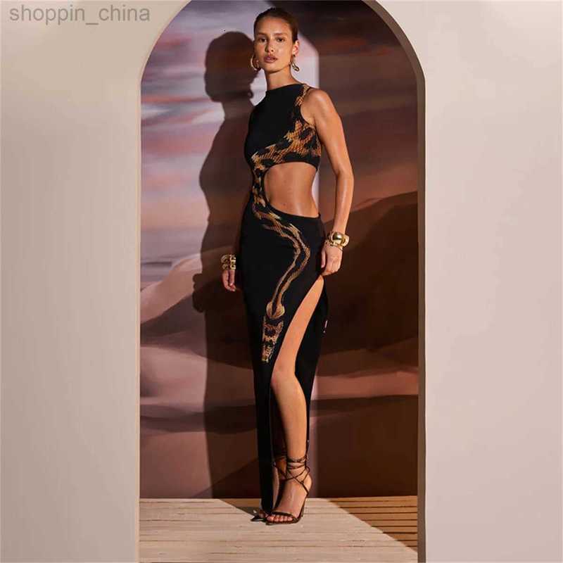 Basic Casual Dresses Black Printed Hollow Out Long Dress Women's Sexy O Neck Sleeveless High Split Slim Robes Lady Party Night Gowns