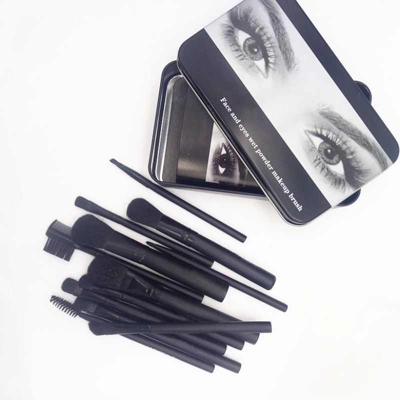 12pcs Portable Makeup Brushes Make Up Brush Set Foundation Blush Eye brocha de maquille Kit Metal Box