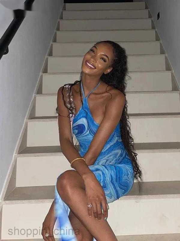 Casual Dresses Hugcitar Spring Tie Dye Halter Sleeveless Backless Bandage Slit Sexy Elegant Maxi Dress Women Clothes Beach Vacation Party