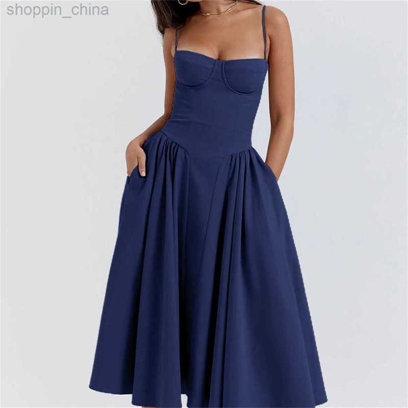 Basic Casual Dresses Fashion Sleeveless Backless Pleated Hem Dresses Women Sexy Solid Sling Midi Dress Summer Female Party Evening A-line Robes