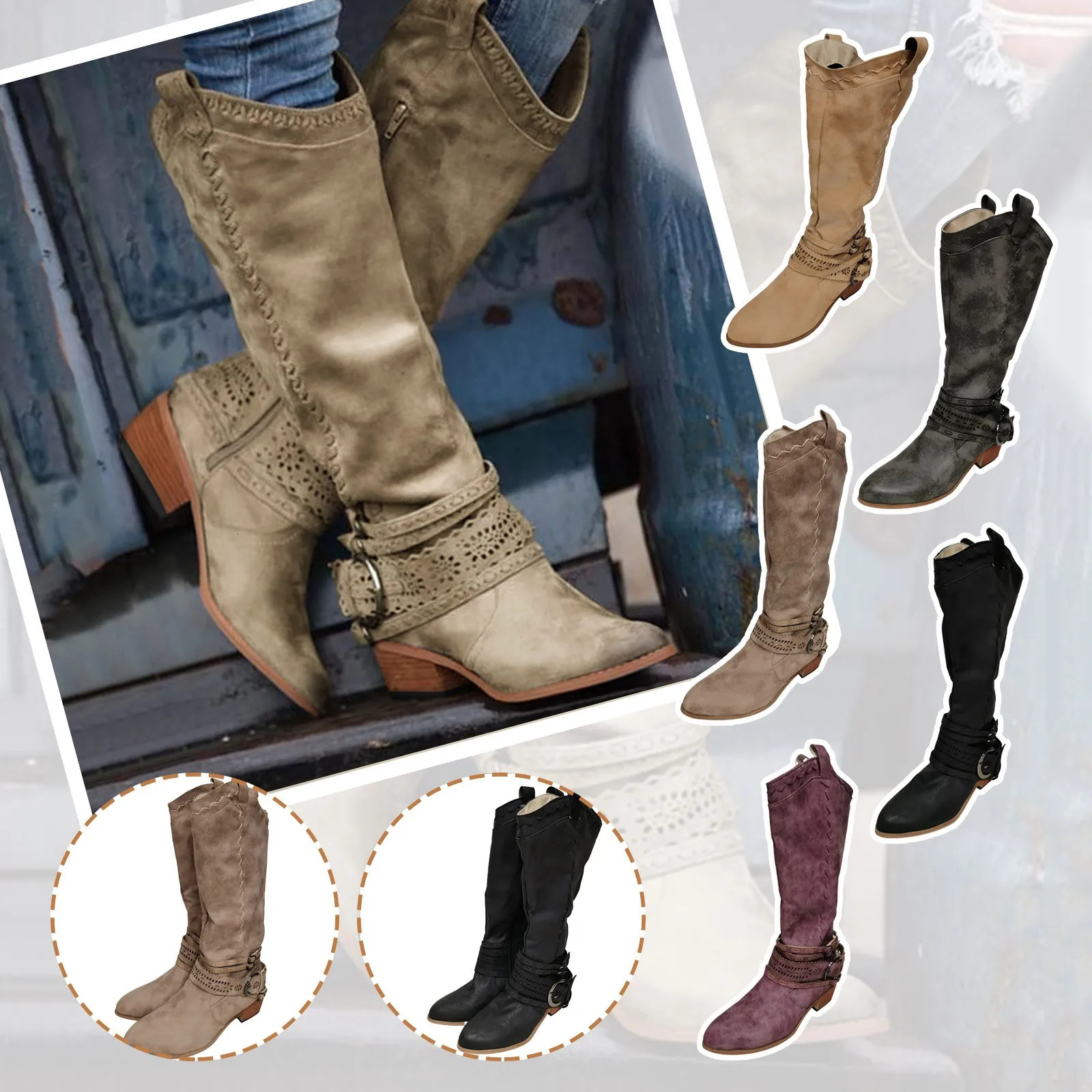 Western Cowboy Boots Buckle Ladies Low Heel Knee High Boots Retro Hollow Out Shoes Winter Female Shoes 240619