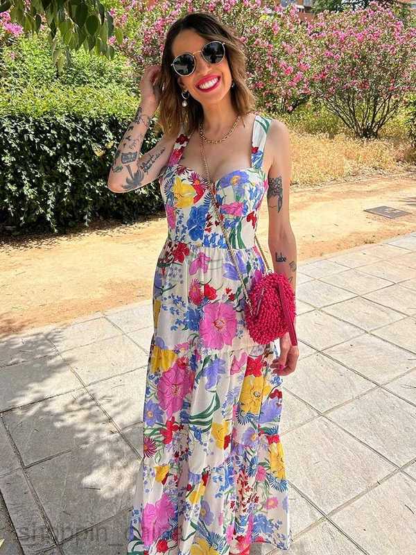 Basic Casual Dresses Fashion Flower Slip Midi Dress For Women Summer Backless Sleeveless Holiday Beach Dress Lady Elegant Sweetheart Collar Partywear