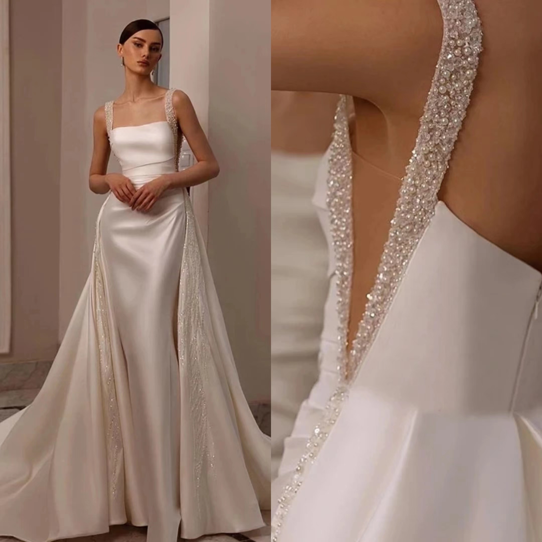 A-E Women Elegant Wedding Dress Square Collar Sleeveless Backless Bridal Gown Sequins Pearls Detachable Train Dresses Custom Made Es 0220