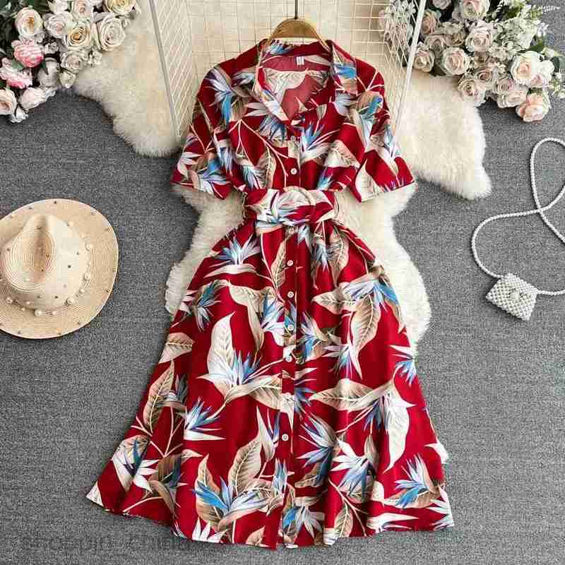 Basic Casual Dresses YuooMuoo Women Dress Fashion Print Floral A-line Shirt Dress Elegant Vintage Lady Summer Dress with Belt Casual Vestidos