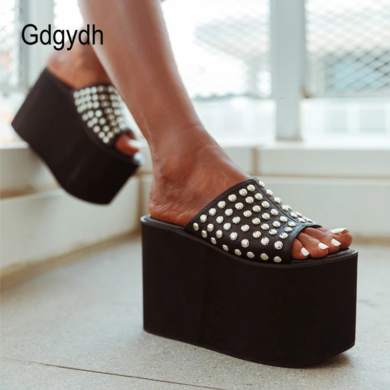 Gdgydh Studded Womens Platform Sandals High Heels Wedge Open Toe Slip On Backless Mules Summer Slippers Shoes Big Size 240619