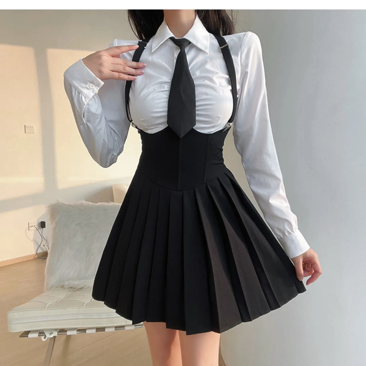 Women Size 4XL Sexy JK Uniform Suit Slim American Sugar Spicy Girls College Style Set Shirt White Strap Pleated Skirt 240617