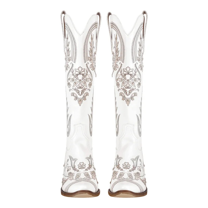 Onlymaker Women Embroidered White Western Cowboy Boots Block Heel Pull-On Pointed Toe Crystal Cowgirl Booties 240619