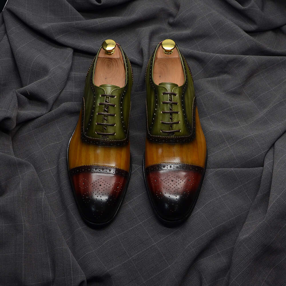 End Handmade High Top Layer Cowhide Italian Classic Green Brown Red Color Block Men S Shoes Summer Business Dress Leather For Ddmysaturn