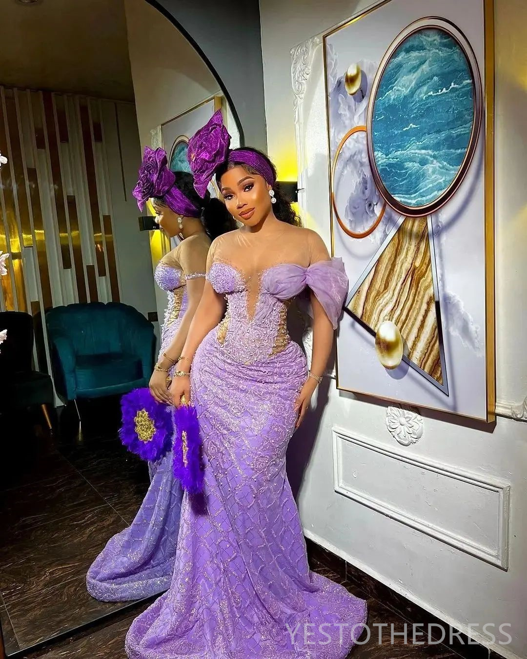 2024 Lavender Prom Dresses for Special Occasions Promdress Evening Formal Gowns Illusion Mermaid Sheer Neck Beads Lace Birthday Dress Second Reception