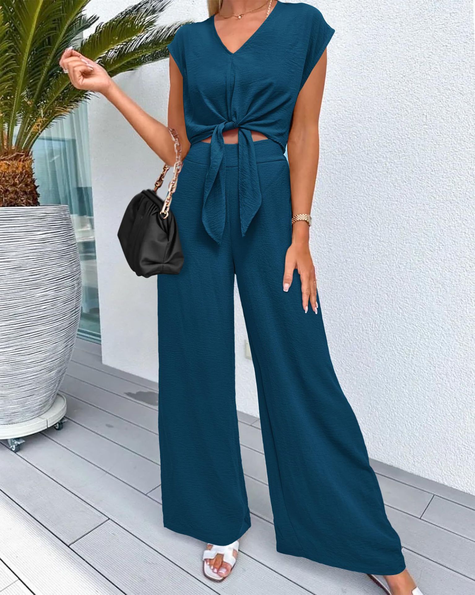 Women's Summer Wide Leg Pants Suit - Sleeveless Halter Crop Top, Polyester Sashes, High Waist, Vintage Style, Purple, Yellow, Gray, Dark Cyan B4