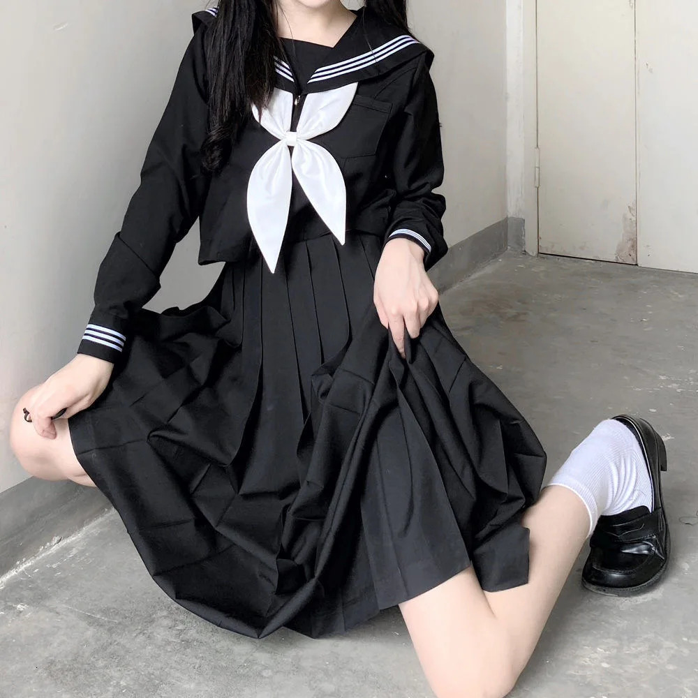 Japanese School Uniforms Style Student Girls Navy Costume Women Sexy Black JK Long Dress Suit Sailor Blouse Pleated Skirt Set 240617