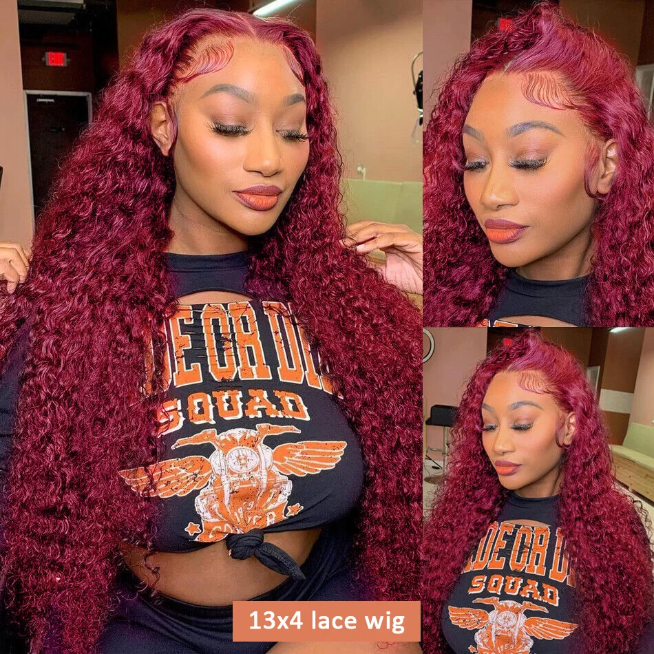 13x4 HD Brazilian 99J Bury Deep Wave Front Human Hair 250 Density Curly 30 40 Inch Synthetic Lace Frontal Wig Red Wine for Women