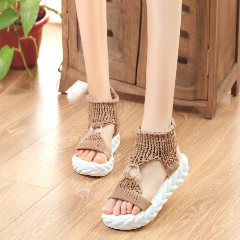 Women Knitting Gladiator Sandals Summer Wool Shoes Thick-bottomed Sandals Solid Ladies Platform Sandali 240619