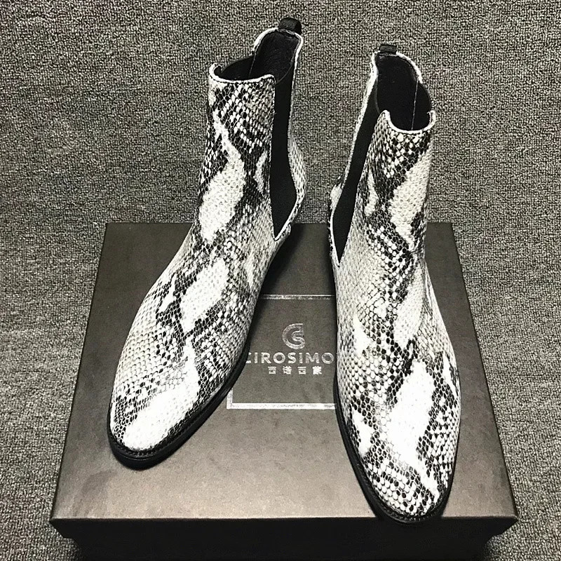 Pointy Toe Boots For Men Snake Print Chelsea Boots Men Fashion Men Shoes Leather 14#21/10d50 240619