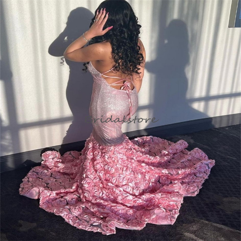 Large Size Pink Prom Dresses For Black Women Bottom 3D Florals Sparkly Spaghetti Straps Afrian Evening Dress Engagement Birthday Special Occasio Forma