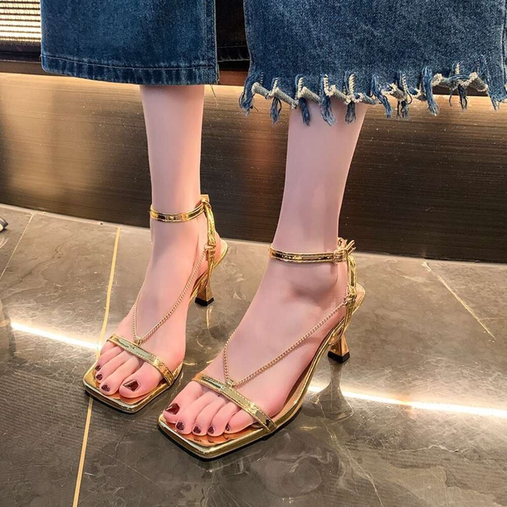 Summer New Large Women S Fashion American Metal Chain High Heel Sandals Ddmysaturn