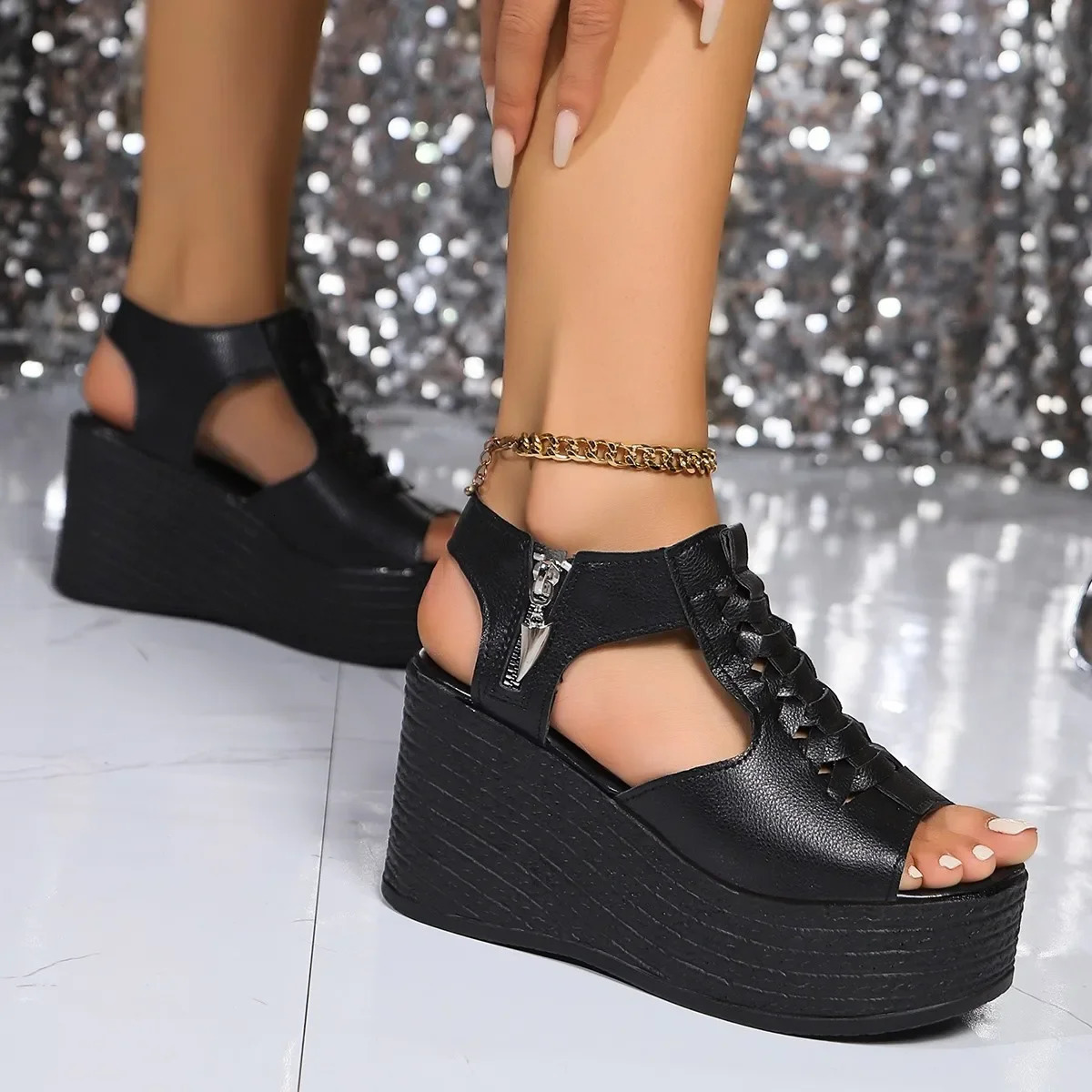 Black Platform Sandals High Heels 2024 Womens Open Toe Clog Wedge Large Size Muffin Solid Color Fashion Simple Basic Style 240619