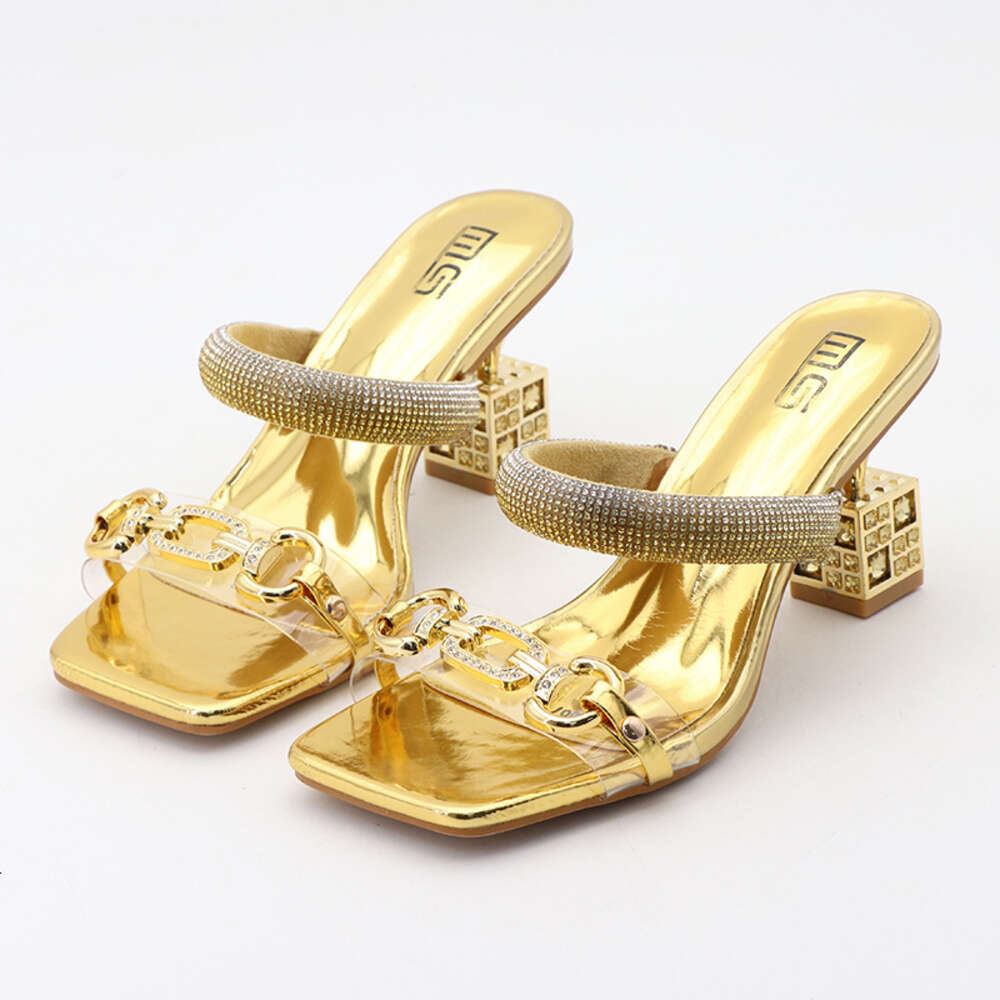 Xibeilove Womens Slippers 2024 Summer Transparent Belt Metal Decoration Box Shaped Square Irregular High Heels Wearing Sandals