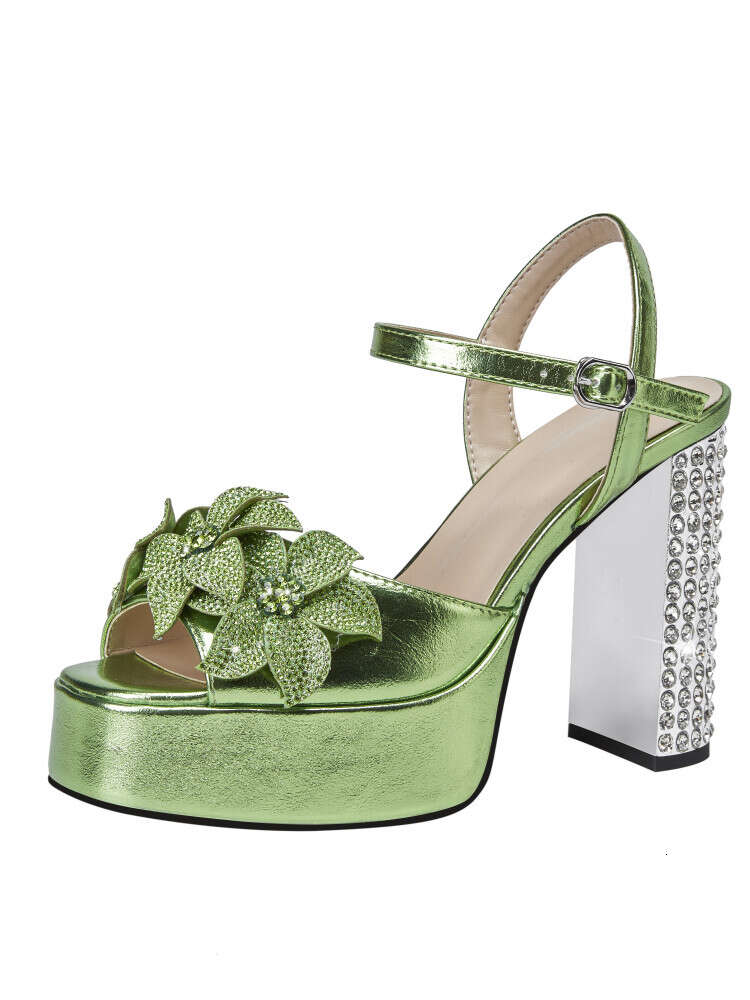 Summer New Crystal Women's Shoes Fashion Thick High Heels Fish Mouth Sexy Large Size Dress Sandals