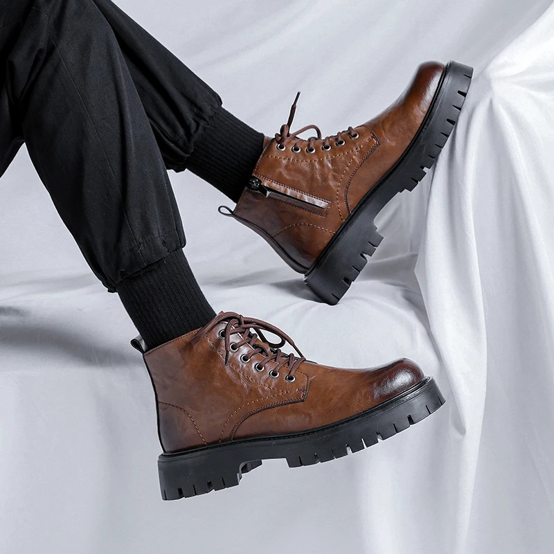 British Style Men's Leather Ankle Boots Thick Soled Autumn Spring Mid Cut Boots Men Lace Up Soft Round Toe Shoes Cowboy Boot 240619