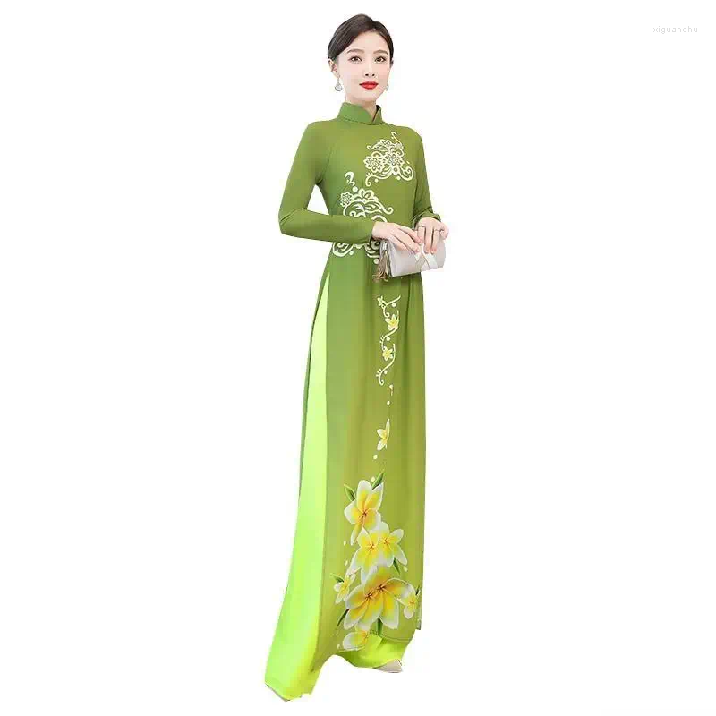 Ethnic Clothing 2024 Women Traditional Dress Vieam Ao Dai Cheongsam Dresses Green Aodai Suit Elegant Party