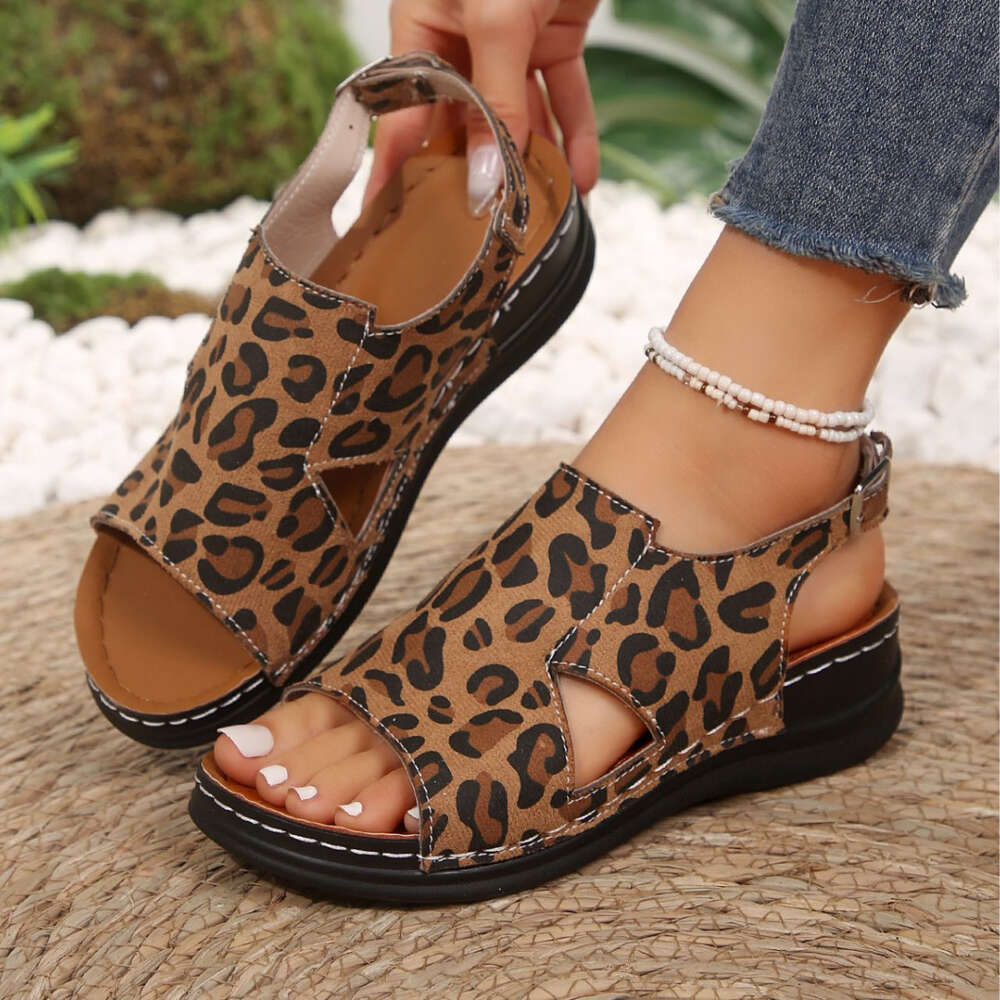Summer Large Size New Women S Wild Leopard Pattern Fashion Slope Heel Sandals Ddmysaturn